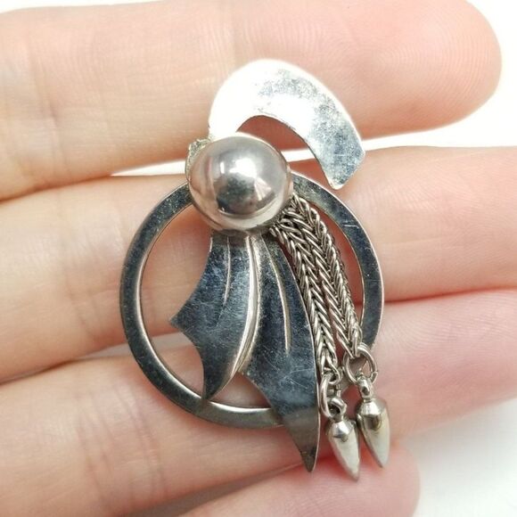 Vintage 50s Style Midcentury Modern Pendant, Silver Tone Abstract Design, Estate - Picture 1 of 6